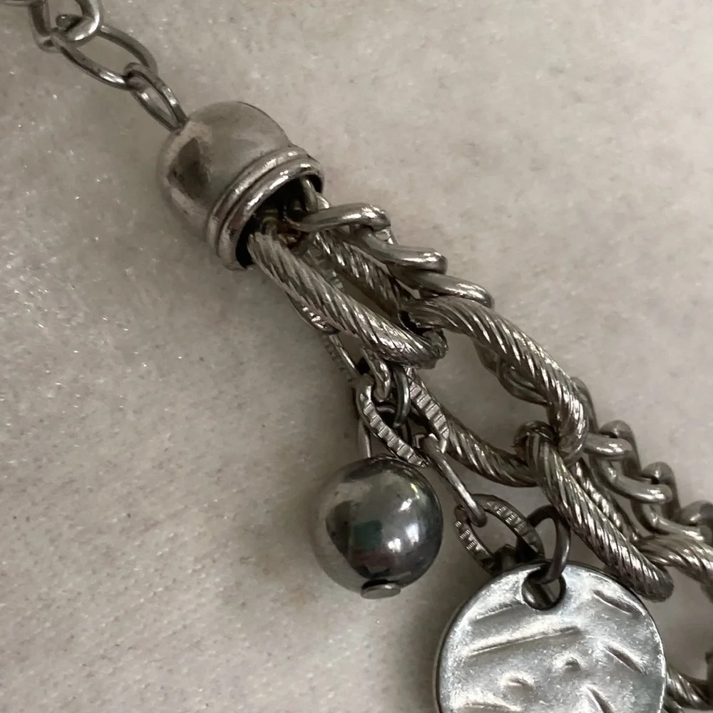 Silver Rocker Rebel Edgy Layered Bead Discs Coins Textured Chain Necklace